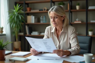 Femme d'âge moyen examinant des documents dans un bureau moderne