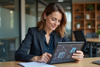 Femme d'âge moyen utilisant une tablette avec diagrammes AI dans un bureau moderne