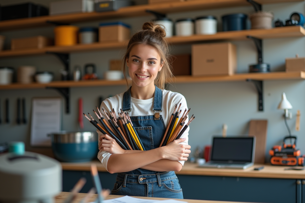 Jeune femme tenant câbles solaires dans atelier lumineux