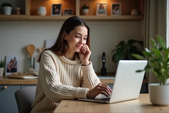 Femme souriante partage sa liste de cadeaux en ligne dans une cuisine chaleureuse