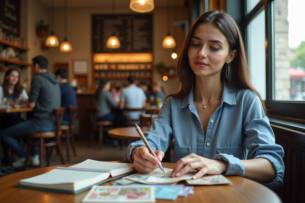 Jeune femme examine des devises dans un café convivial