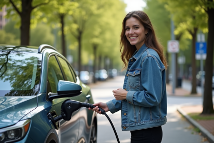 Femme souriante charge sa voiture hybride en extérieur