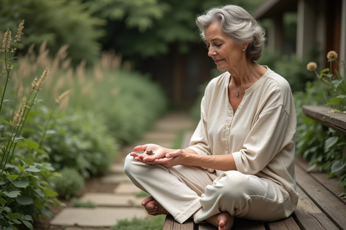 Femme contemplative tenant un escargot dans la main dans un jardin zen, métaphore du chemin spirituel