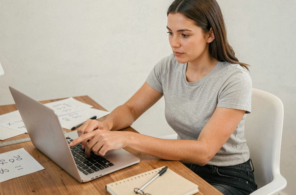 Femme utilisant un convertisseur pieds en centimètres sur un ordinateur portable dans un bureau à domicile
