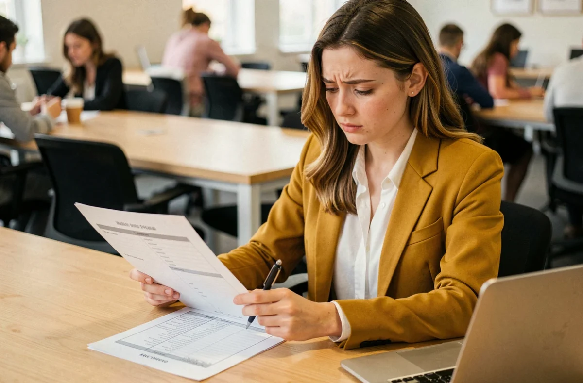 Jeune femme en espace de coworking vérifie une liste d'erreurs courantes pour progresser et obtenir des points gratuits sur Mon Avis le Rend Gratuit