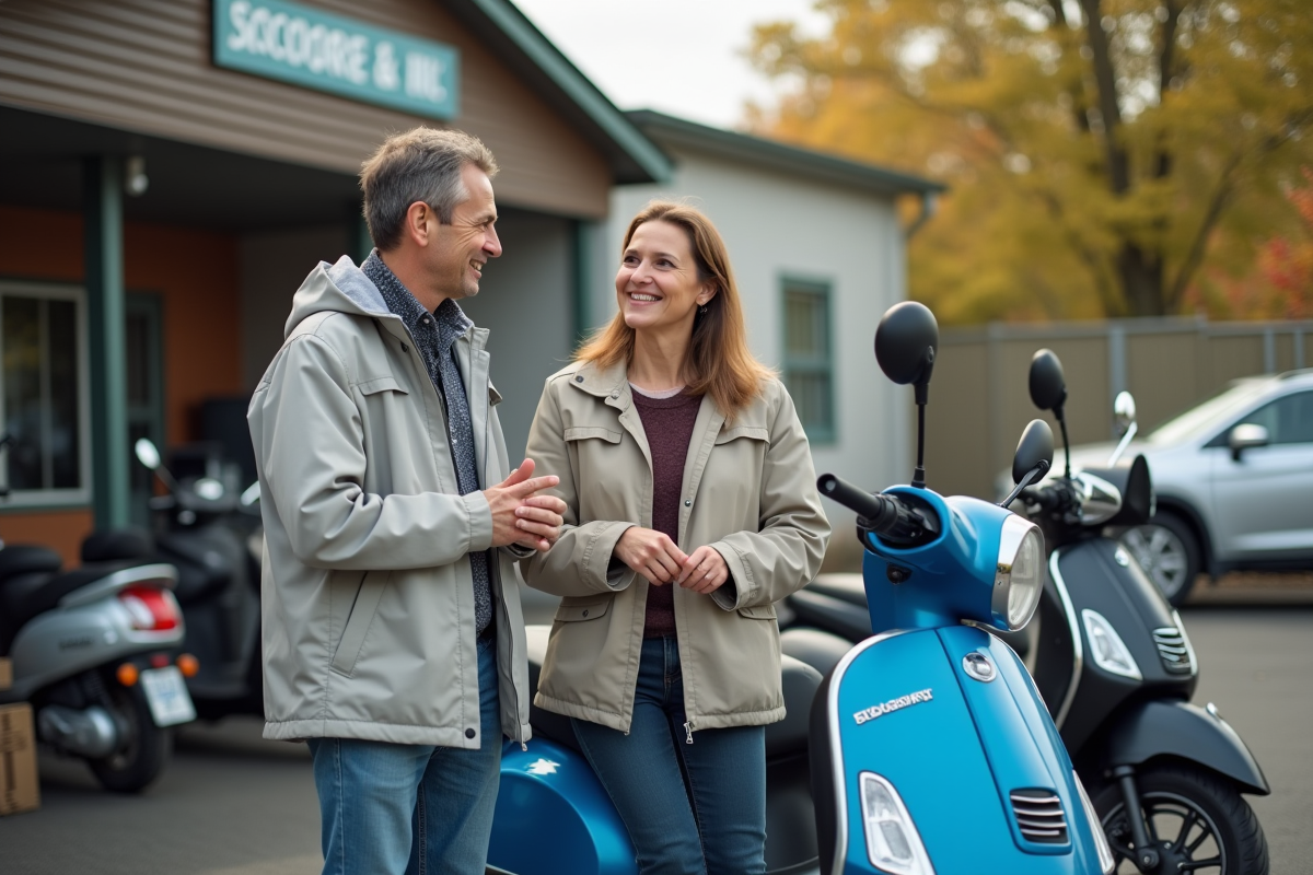 Femme parle avec un vendeur de scooters en banlieue