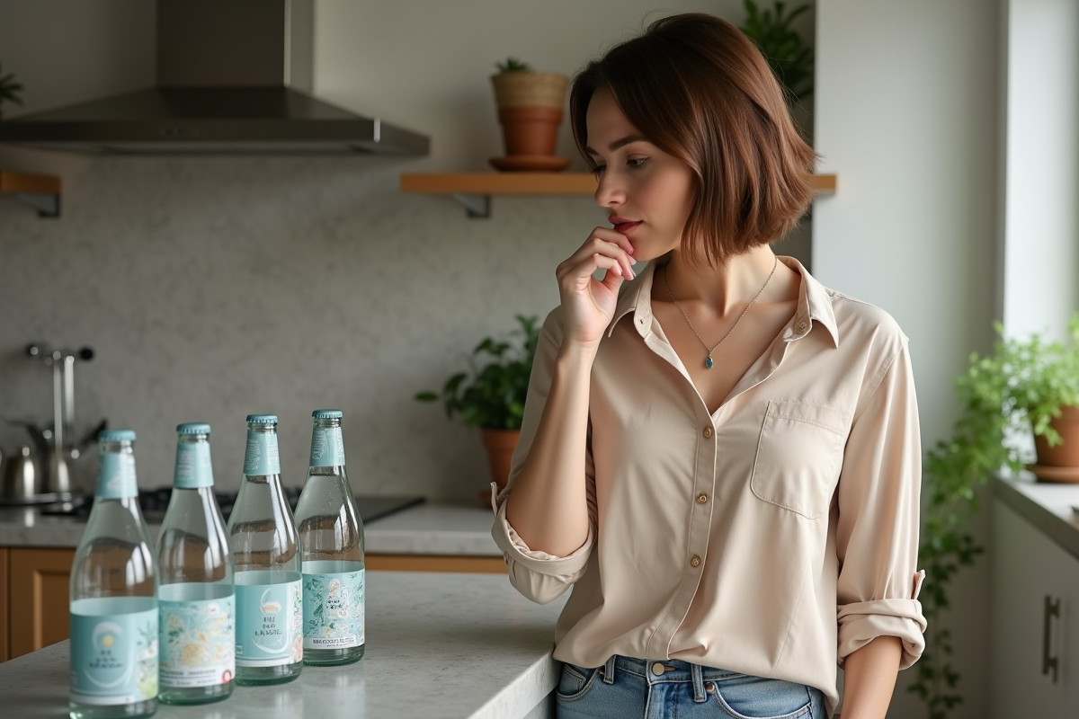 Femme examinant des bouteilles d'eau gazeuse dans la cuisine