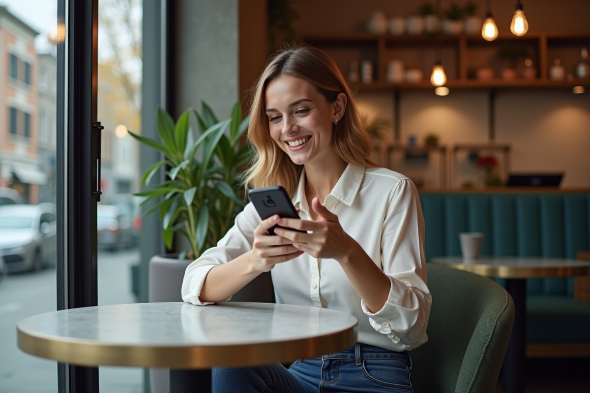 Jeune femme souriante utilisant une application d