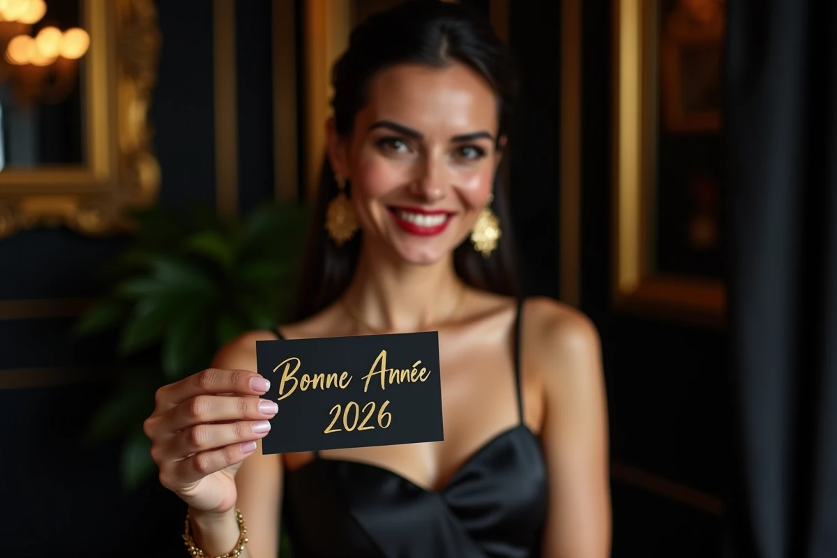 Femme élégante tenant une carte de vœux Bonne Année 2026 dorée sur fond noir raffiné