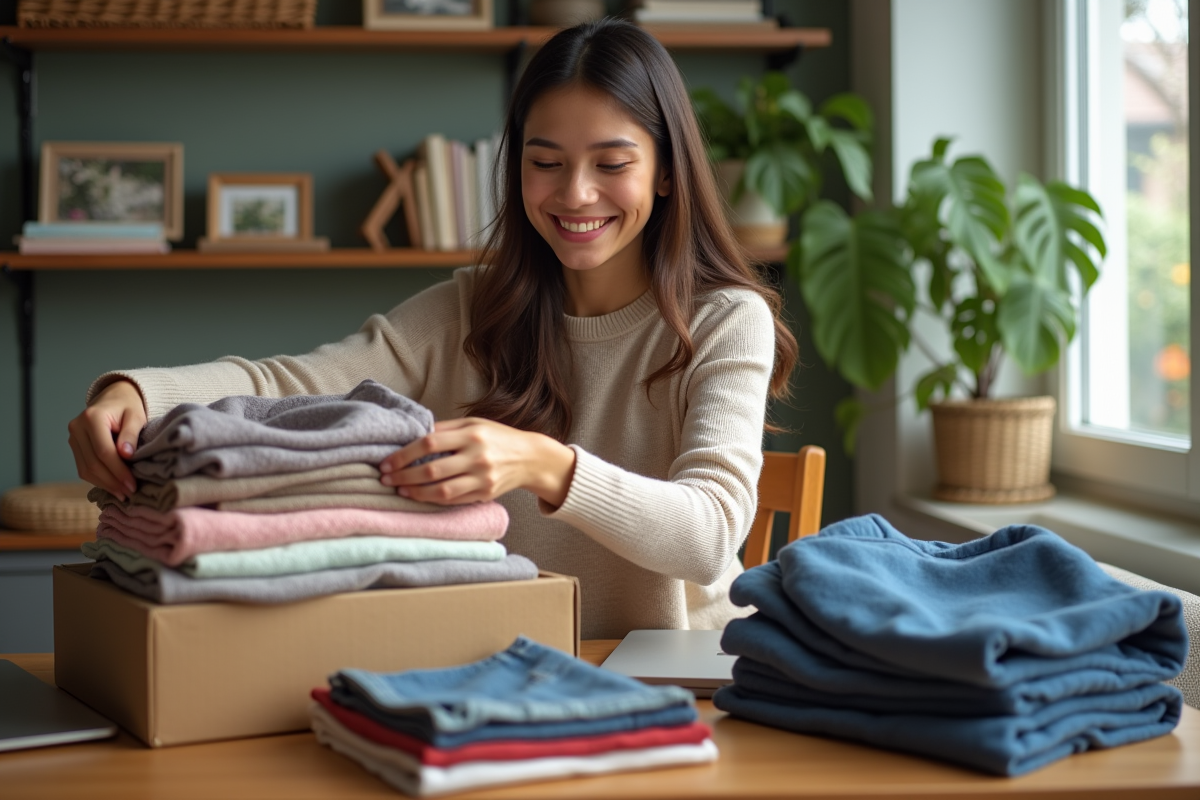Femme souriante emballant des vêtements d'occasion dans un appartement lumineux