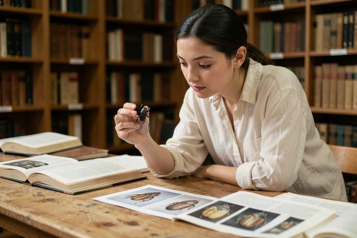 Femme étudiant la signification d'un scarabée égyptien dans une bibliothèque universitaire avec des livres archéologiques