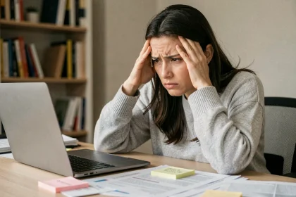 Femme frustrée devant son ordinateur portable essayant de comprendre les erreurs bloquant ses 700 points sur Mon Avis le Rend Gratuit