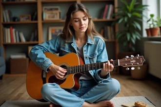 Jeune femme apprenant les paroles d'une chanson de Renaud avec une guitare acoustique et une feuille de texte simplifié