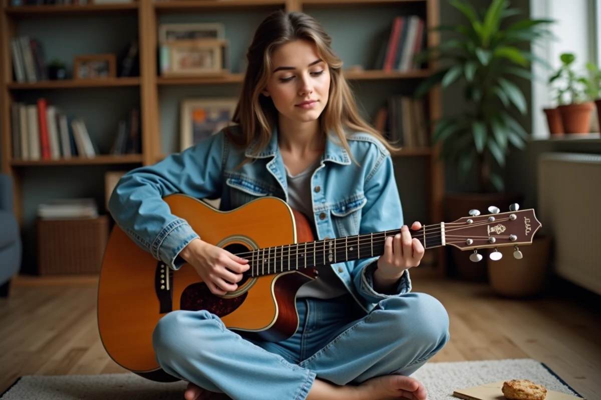 Jeune femme apprenant les paroles d'une chanson de Renaud avec une guitare acoustique et une feuille de texte simplifié