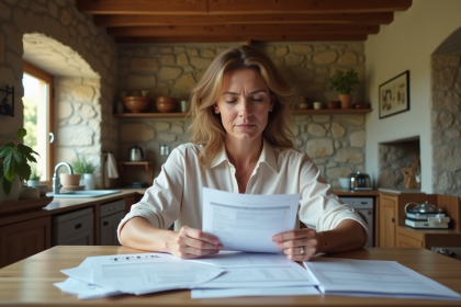 Femme d'âge moyen examinant des papiers immobiliers dans une cuisine lumineuse