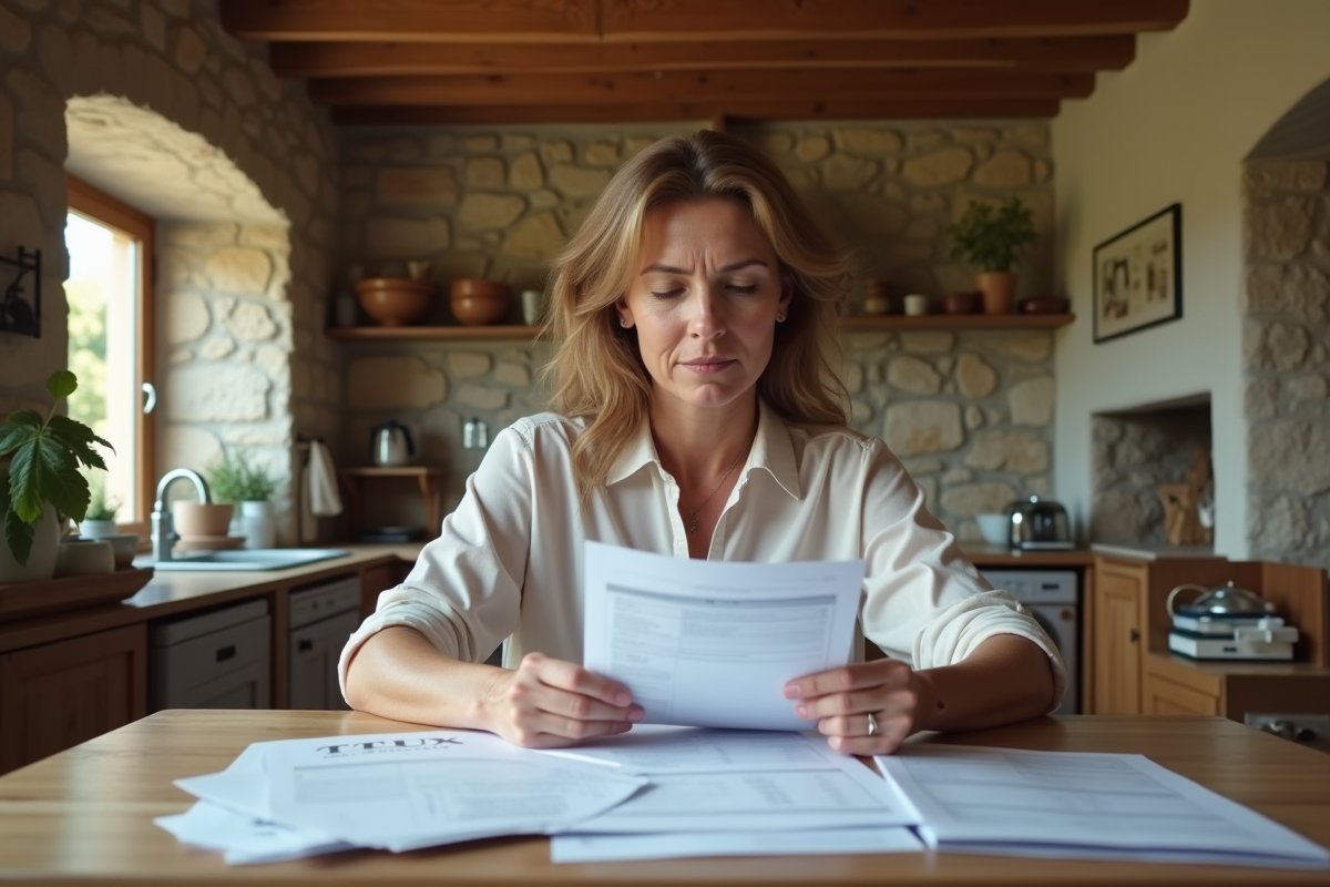 Femme d'âge moyen examinant des papiers immobiliers dans une cuisine lumineuse