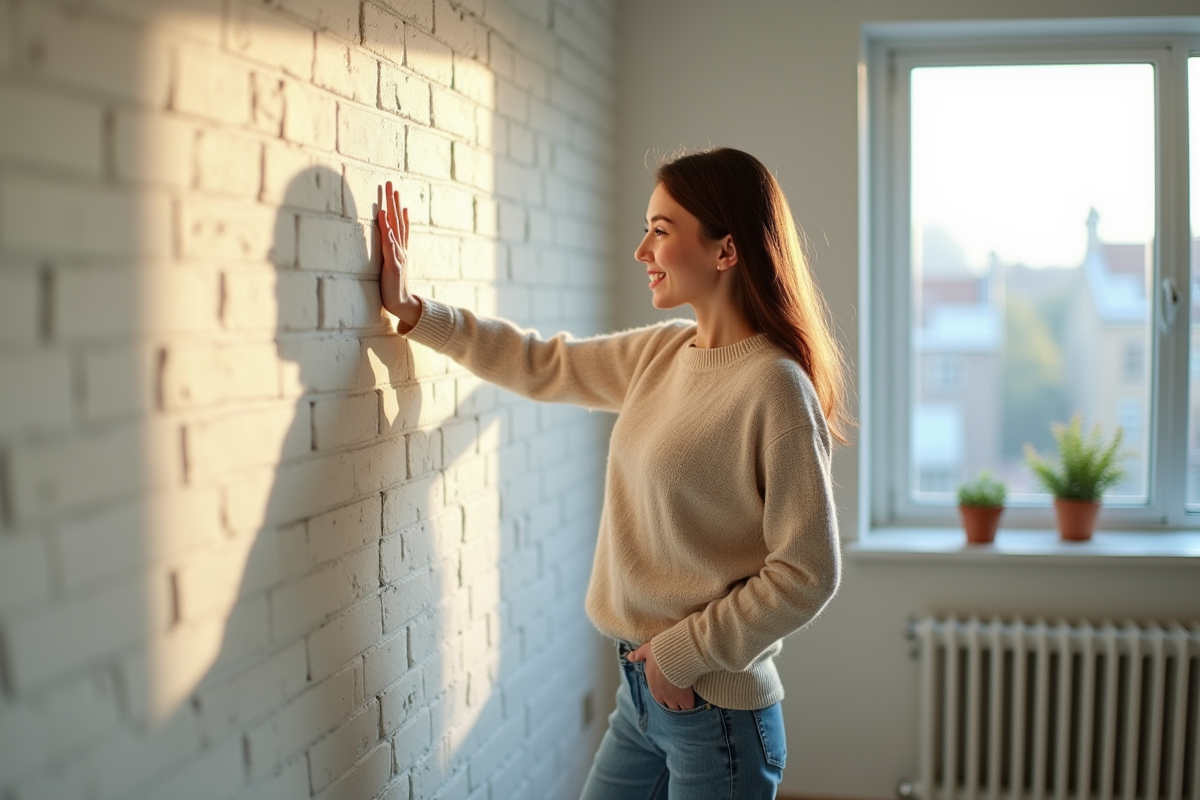 Jeune femme touchant un mur isolé dans son salon lumineux