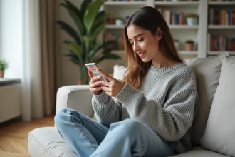 Jeune femme jouant à Wordle sur smartphone depuis son canapé en laine grise dans un salon scandinave