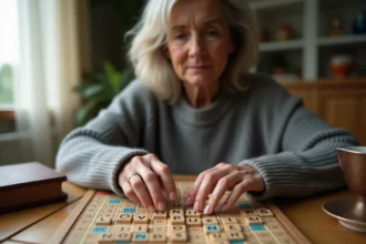 Femme posant une tuile Scrabble sur un plateau de jeu en bois avec un dictionnaire français en arrière-plan