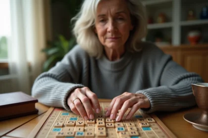Femme posant une tuile Scrabble sur un plateau de jeu en bois avec un dictionnaire français en arrière-plan