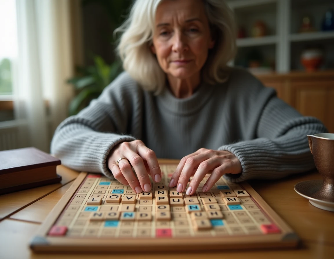Femme posant une tuile Scrabble sur un plateau de jeu en bois avec un dictionnaire français en arrière-plan
