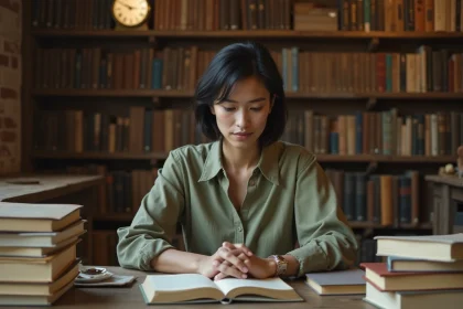 Femme lisant un recueil de poésie contemporaine dans une librairie indépendante aux étagères en bois chargées de livres