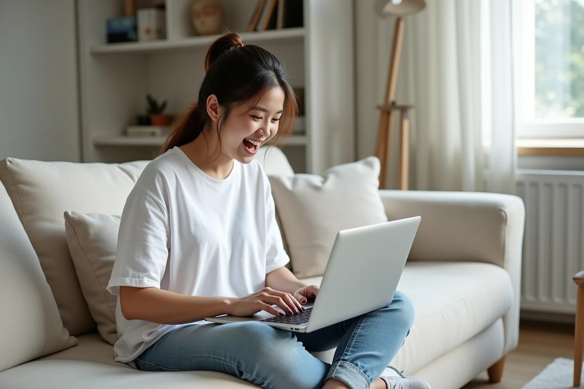 Jeune femme souriante lisant un scan One Piece sur son ordinateur portable dans un salon moderne