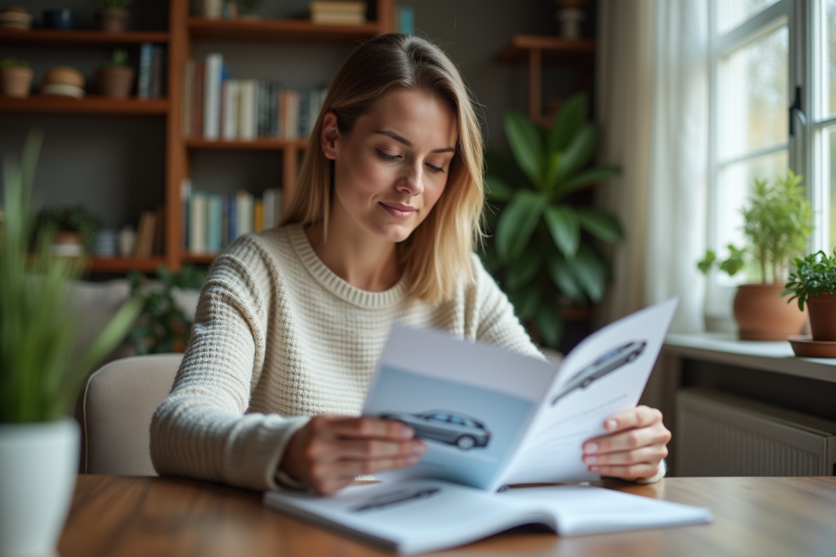 Femme lit un manuel de voiture hybride à la maison