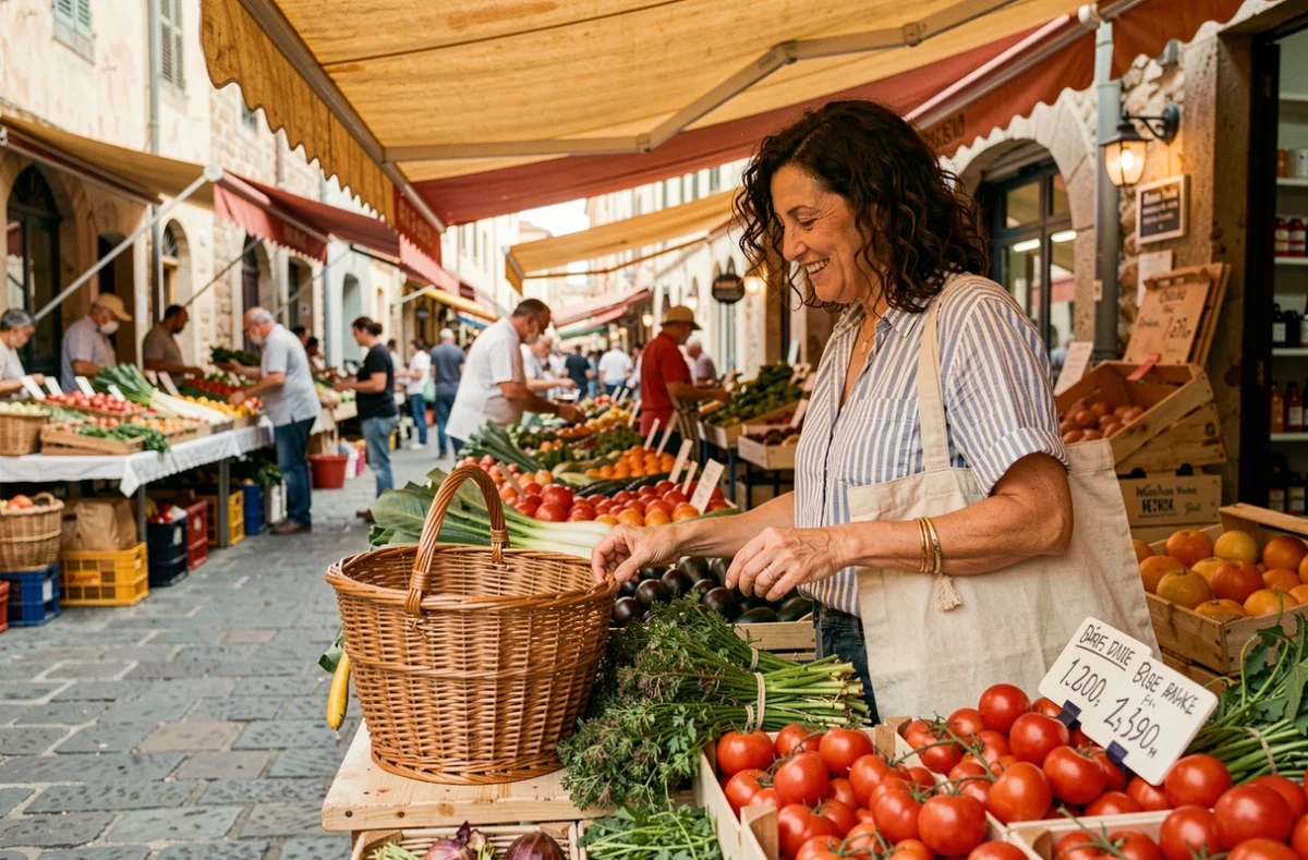 Femme faisant ses courses au marché Soleil de Marseille parmi les étals de fruits et légumes colorés