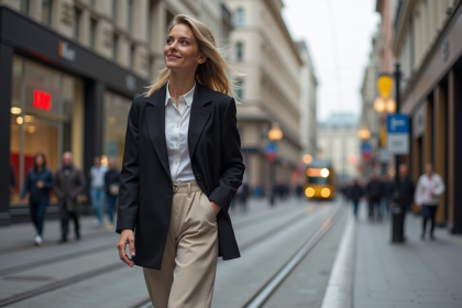 Femme élégante en blazer dans une rue urbaine moderne