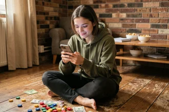 Jeune femme jouant à Monopoly GO sur smartphone entourée de pièces de jeu de société