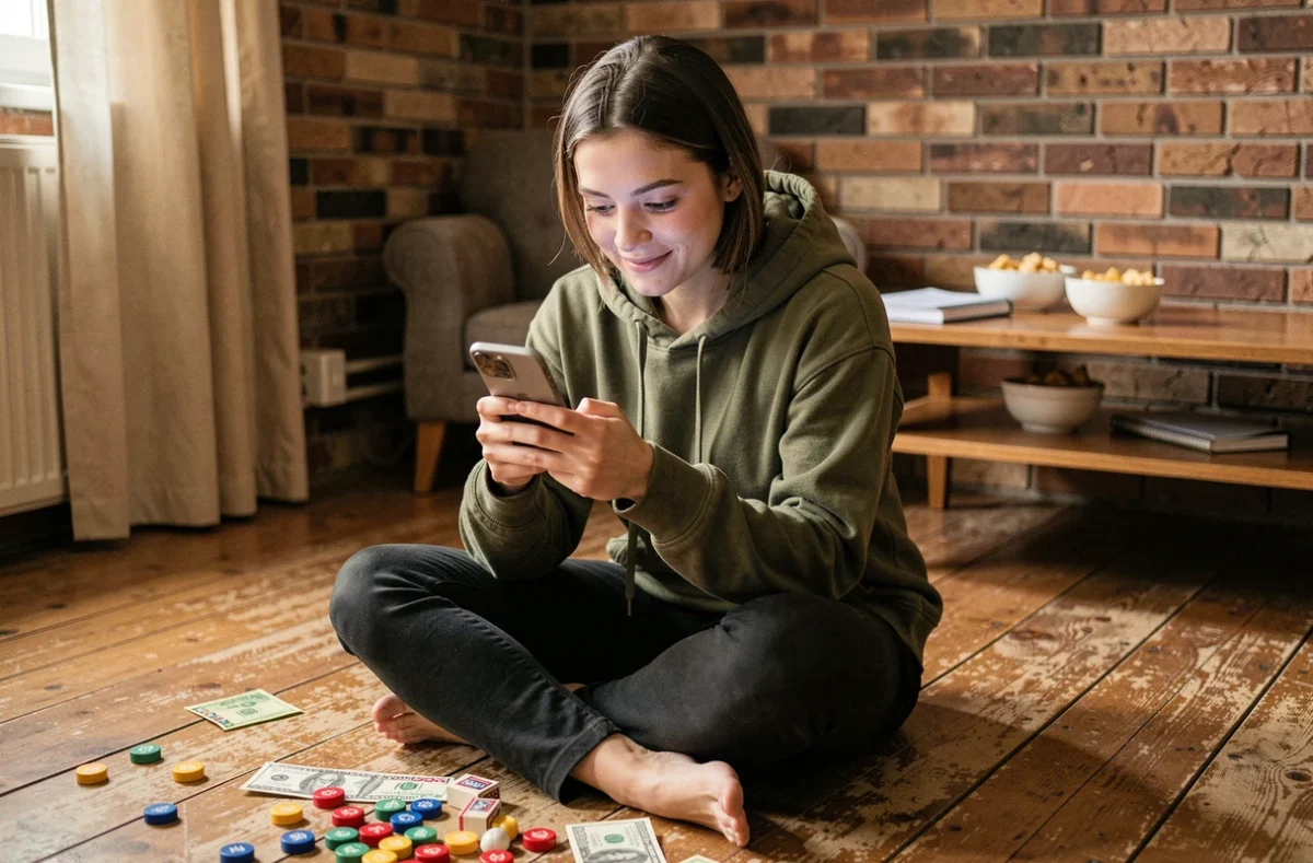 Jeune femme jouant à Monopoly GO sur smartphone entourée de pièces de jeu de société