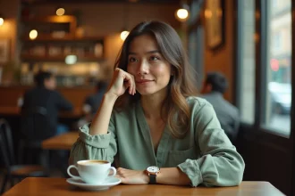 Femme regardant sa montre analogique dans un café, réfléchissant au sens de l'heure 14h41 dans son thème de vie