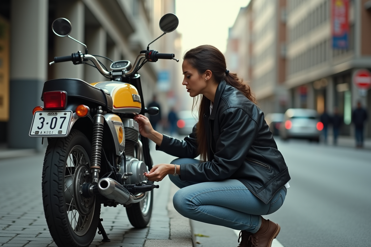 Femme inspectant une moto Dax usagée dans la ville