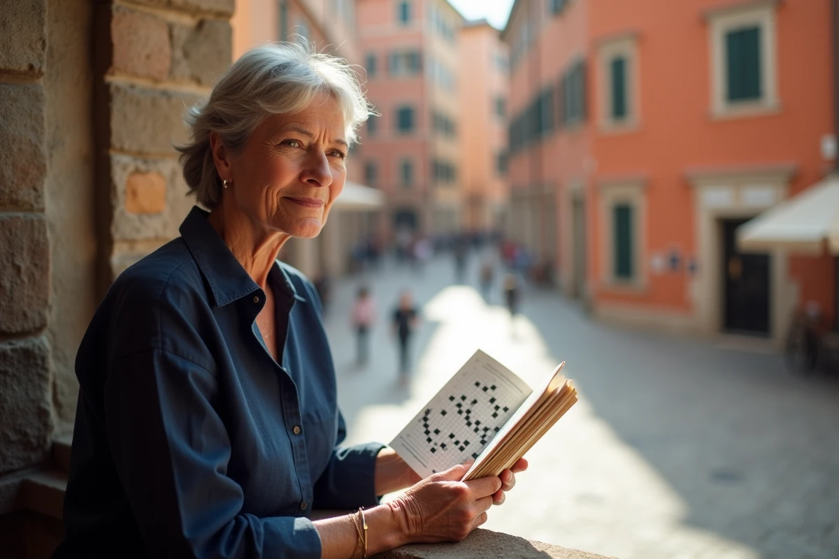 Femme résolvant des mots fléchés sur les villes italiennes assise près d'une fenêtre avec vue sur une piazza