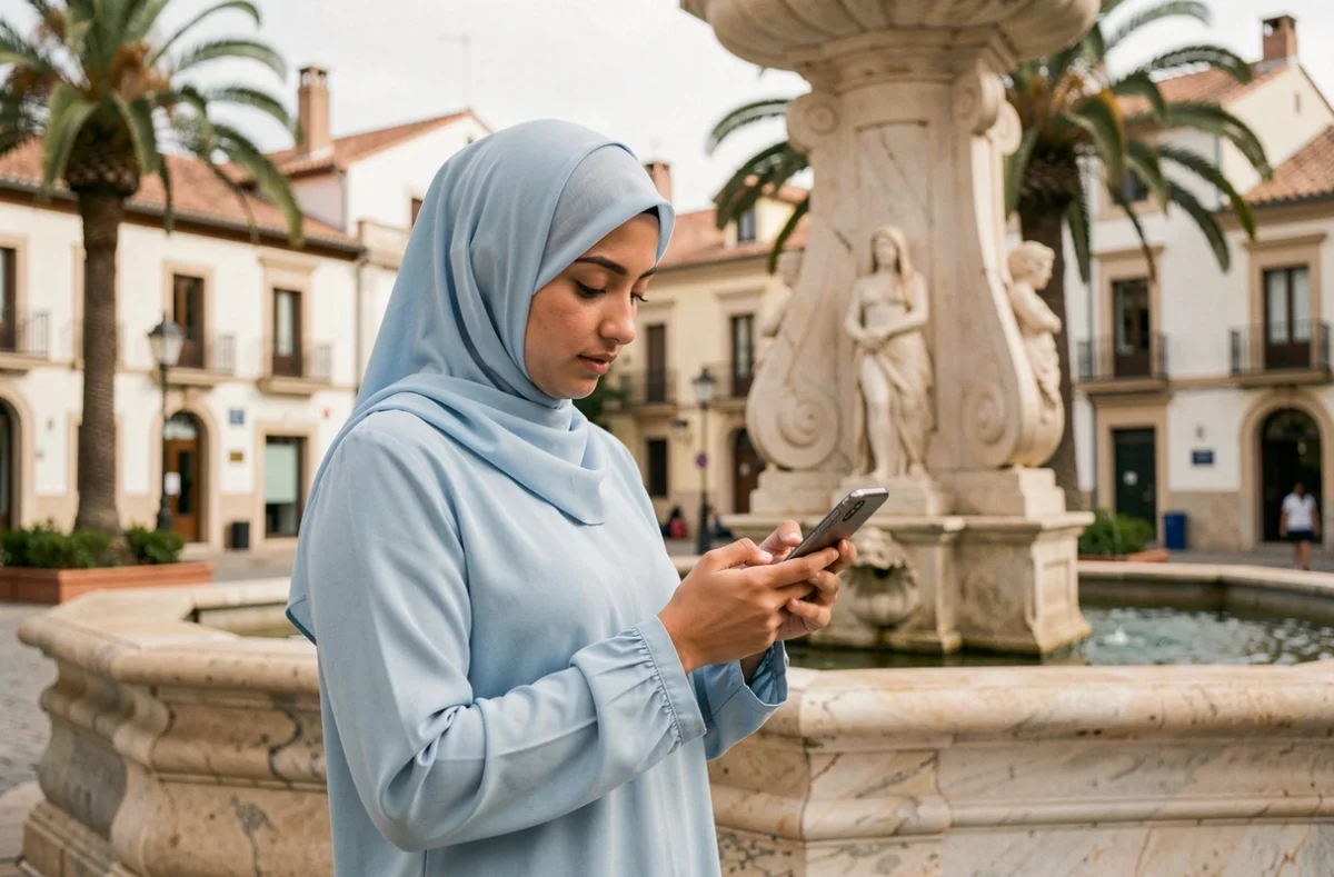 Femme musulmane consultant les heures de prière sur son téléphone dans une place publique de Valence en Espagne