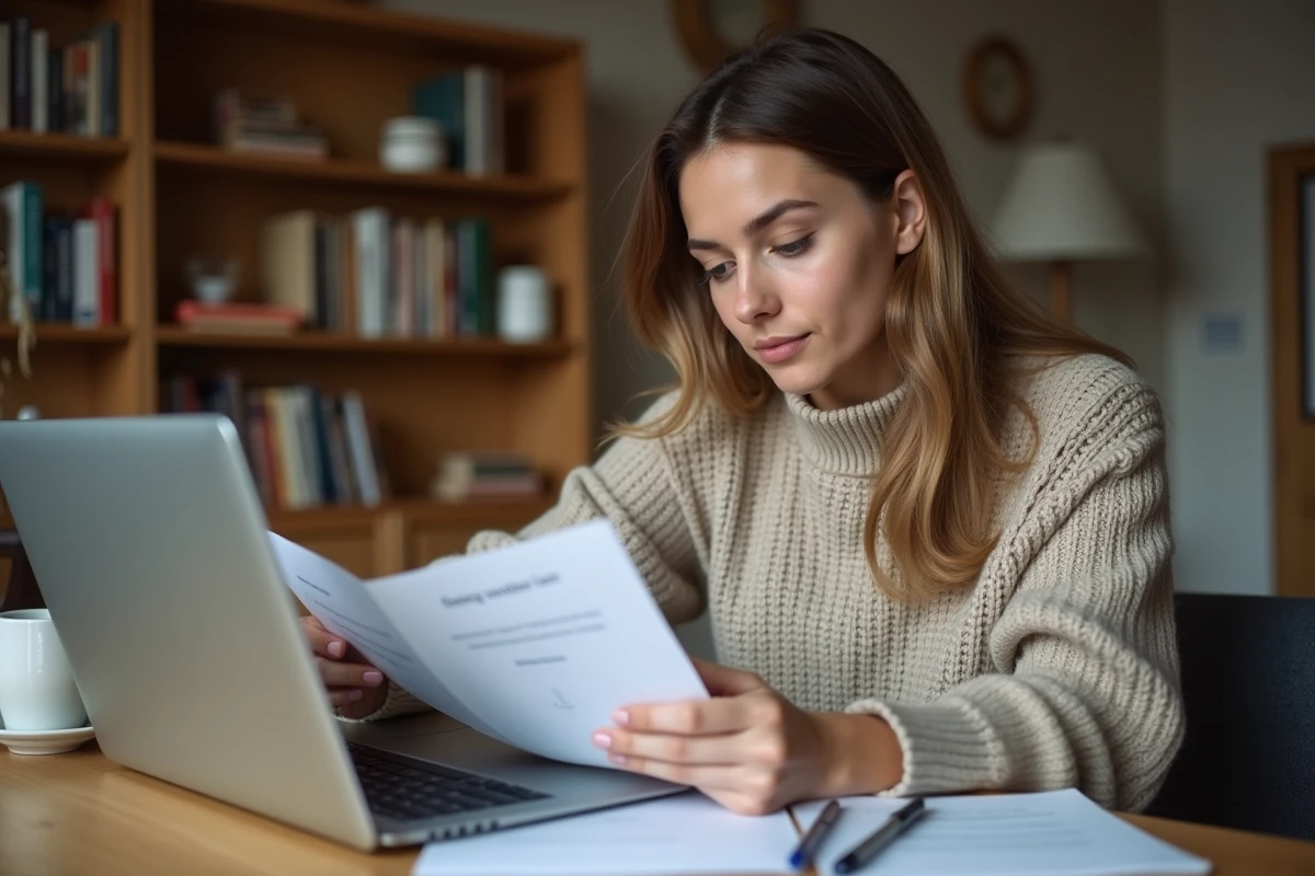 Femme assise à une table de cuisine avec papiers et ordinateur