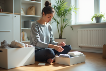 Jeune femme range ses affaires dans des boîtes minimalistes