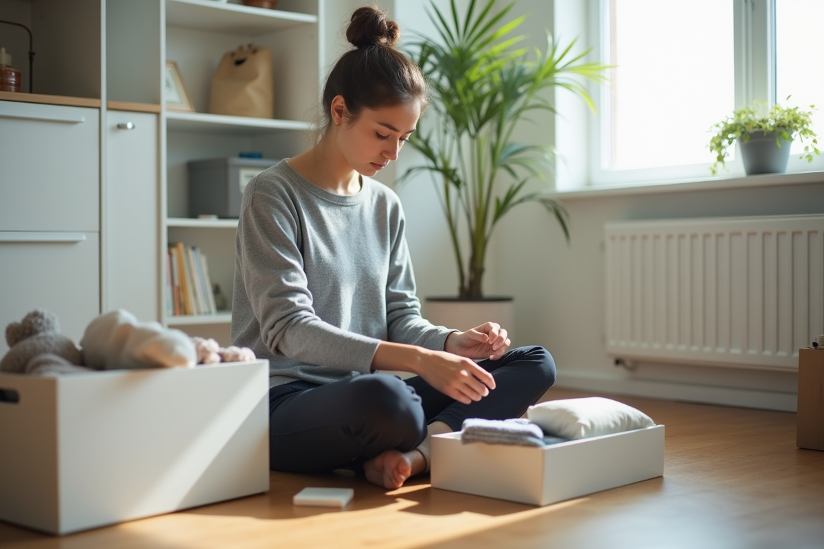 Jeune femme range ses affaires dans des boîtes minimalistes