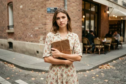 Jeune femme pensive dans une rue parisienne tenant un carnet, illustrant les émotions des paroles de Elle me dit de Mika