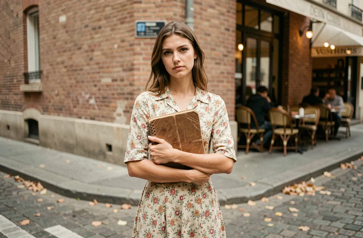 Jeune femme pensive dans une rue parisienne tenant un carnet, illustrant les émotions des paroles de Elle me dit de Mika