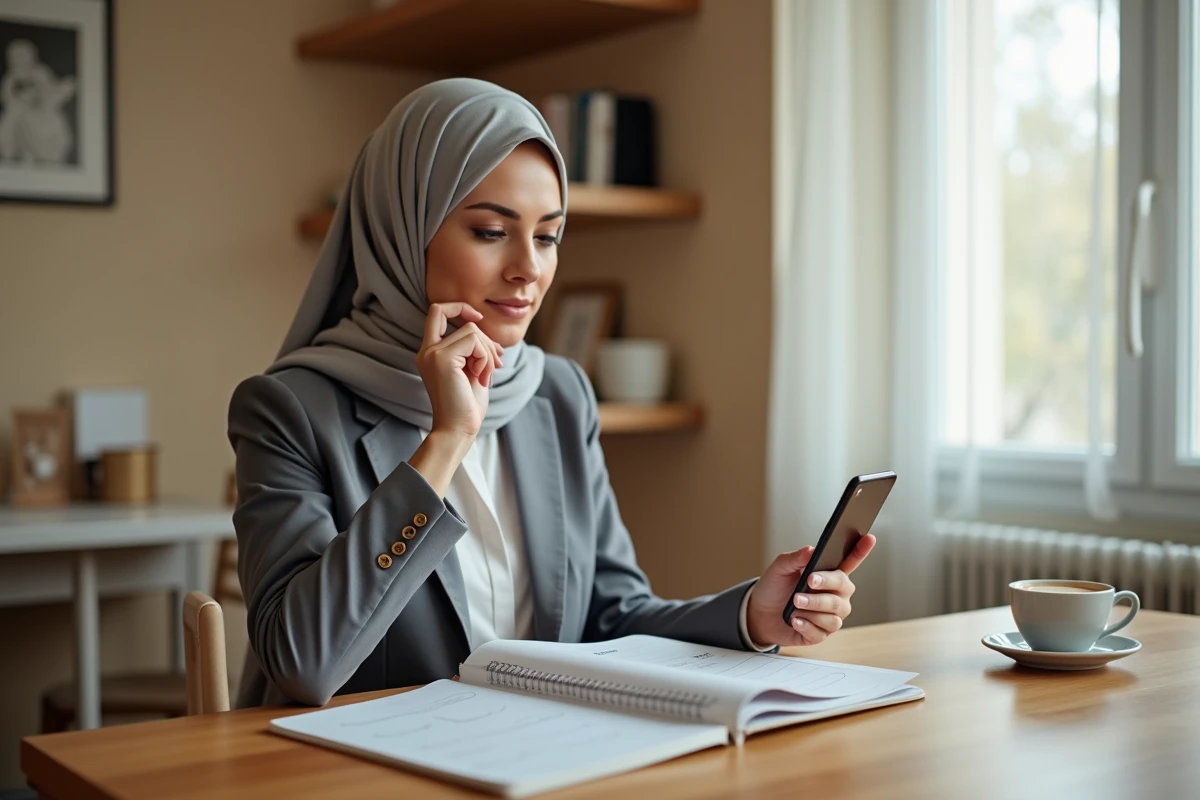 Femme musulmane planifiant sa journée de travail en consultant les horaires de prière à Bondy sur son téléphone