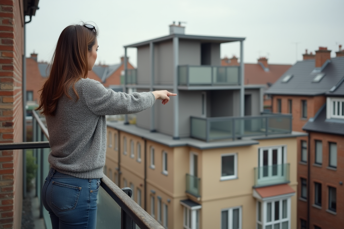 Femme pointant une extension de toit non autorisée