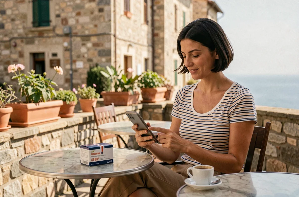 Femme consultant les prix des cartouches de cigarettes sur son téléphone à une terrasse de café méditerranéen
