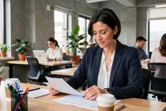 Femme en reconversion professionnelle prenant des notes dans un espace de coworking moderne