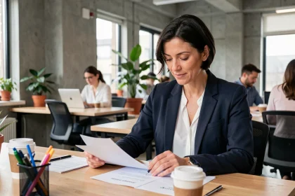 Femme en reconversion professionnelle prenant des notes dans un espace de coworking moderne