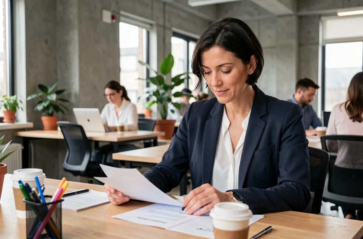 Femme en reconversion professionnelle prenant des notes dans un espace de coworking moderne