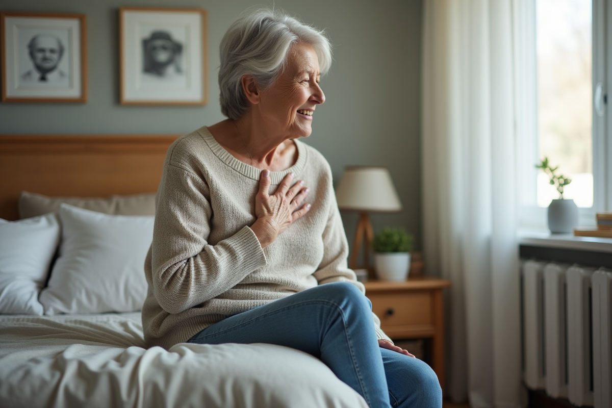 Femme âgée assise sur le lit en se remettant de souffle court