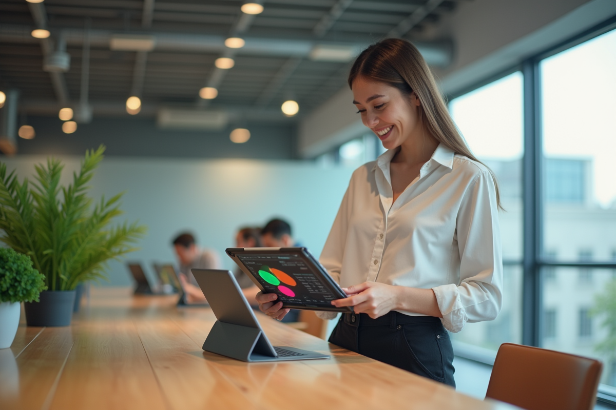 Jeune femme souriante analysant un graphique sur une tablette dans un espace de coworking