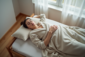 Femme scandinave dormant paisiblement en pyjama en lin